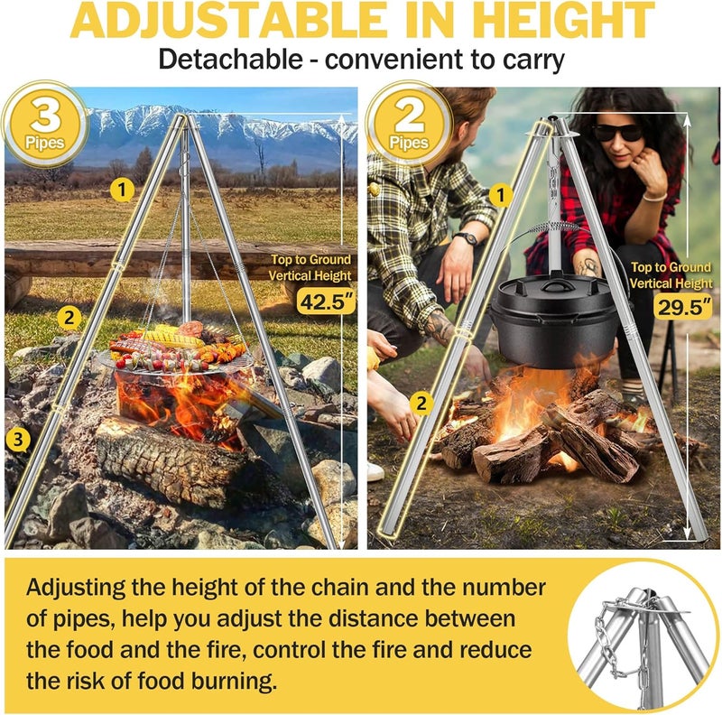Joyfair Campfire Camping Tripod Grill Grate(17” Dia.), Heavy Duty Stainless Steel Openfire Tripod with Over Firepit Rack Camp Equipment, Adjustable Height Stand for Outdoor BBQ Cooking Grilling - Image 4